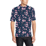 Pink sakura cherry blossom blue background Men's All Over Print Polo Shirt