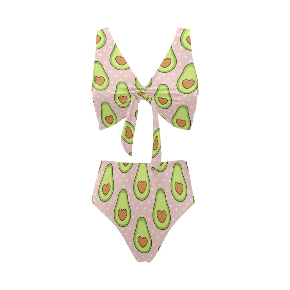Avocado heart pink background Chest Bowknot High Waisted Bikini Swimsuit