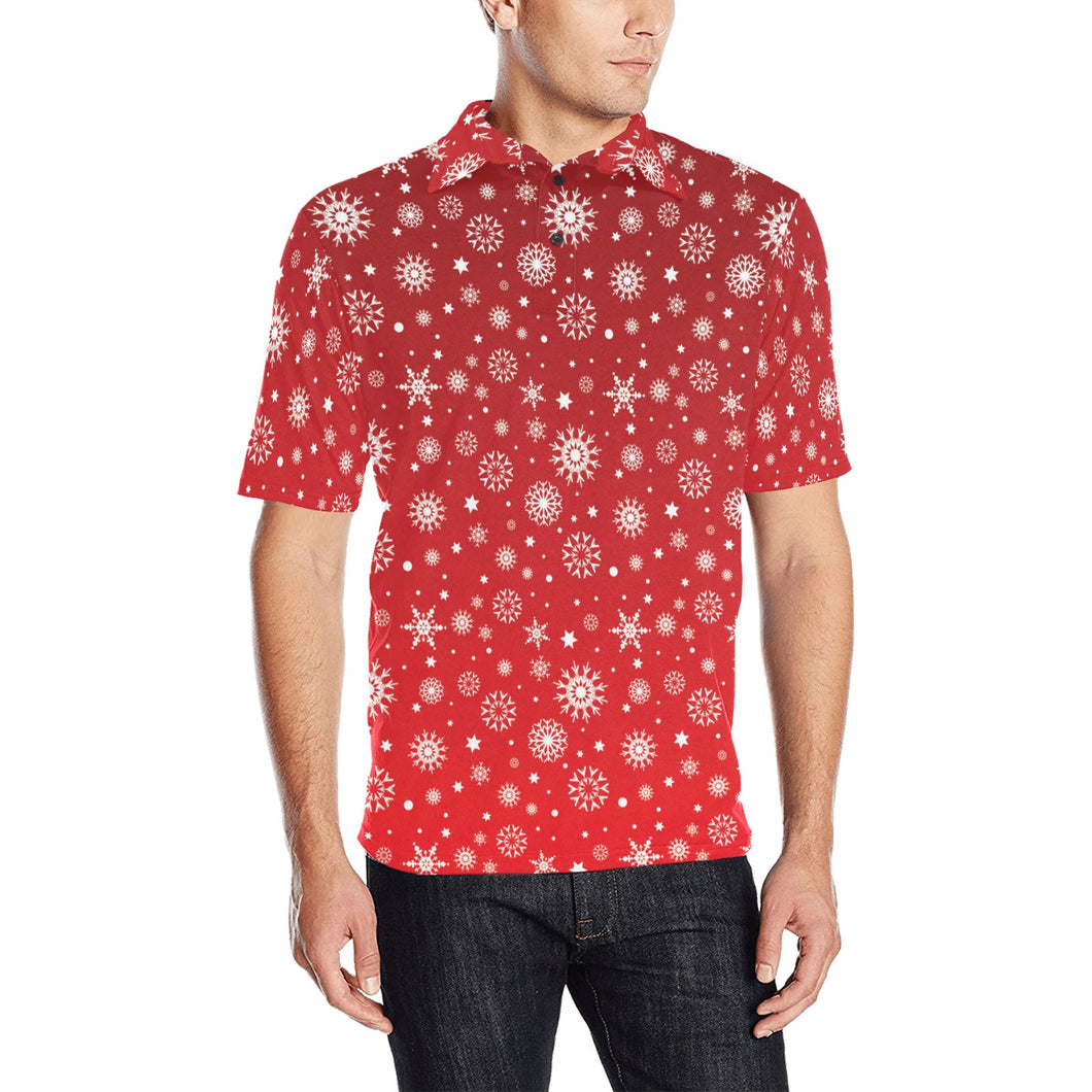 Snowflake pattern red background Men's All Over Print Polo Shirt