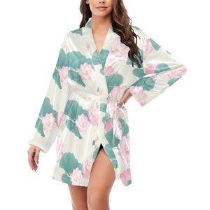 Pink lotus waterlily leaves pattern Women's Long Sleeve Belted Night Robe