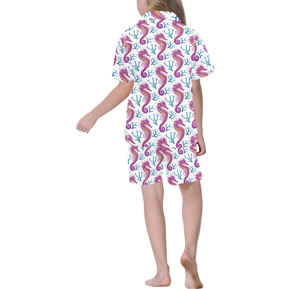 Purple seahorse blue coral pattern Kids' Boys' Girls' V-Neck Short Pajama Set