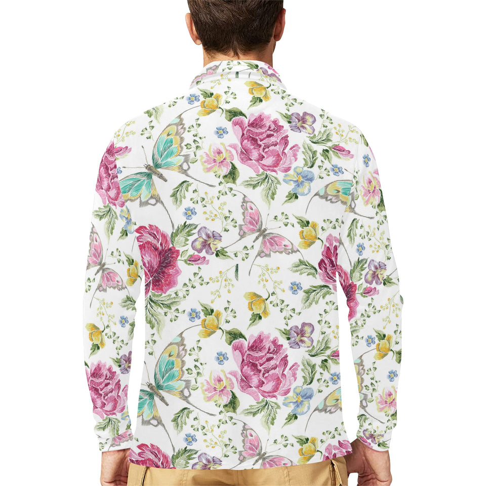 Hand drawn butterfly rose Men's Long Sleeve Polo Shirt
