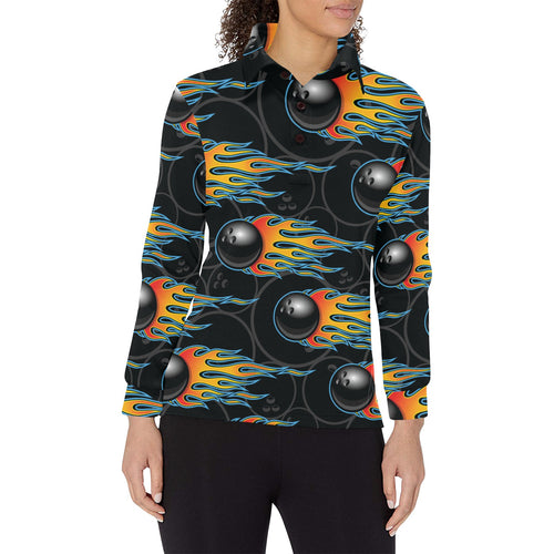 Bowling balls flame pattern Women's Long Sleeve Polo Shirt