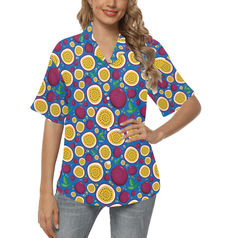 Passion fruit blue background Women's All Over Print Hawaiian Shirt