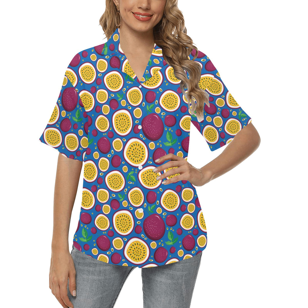 Passion fruit blue background Women's All Over Print Hawaiian Shirt