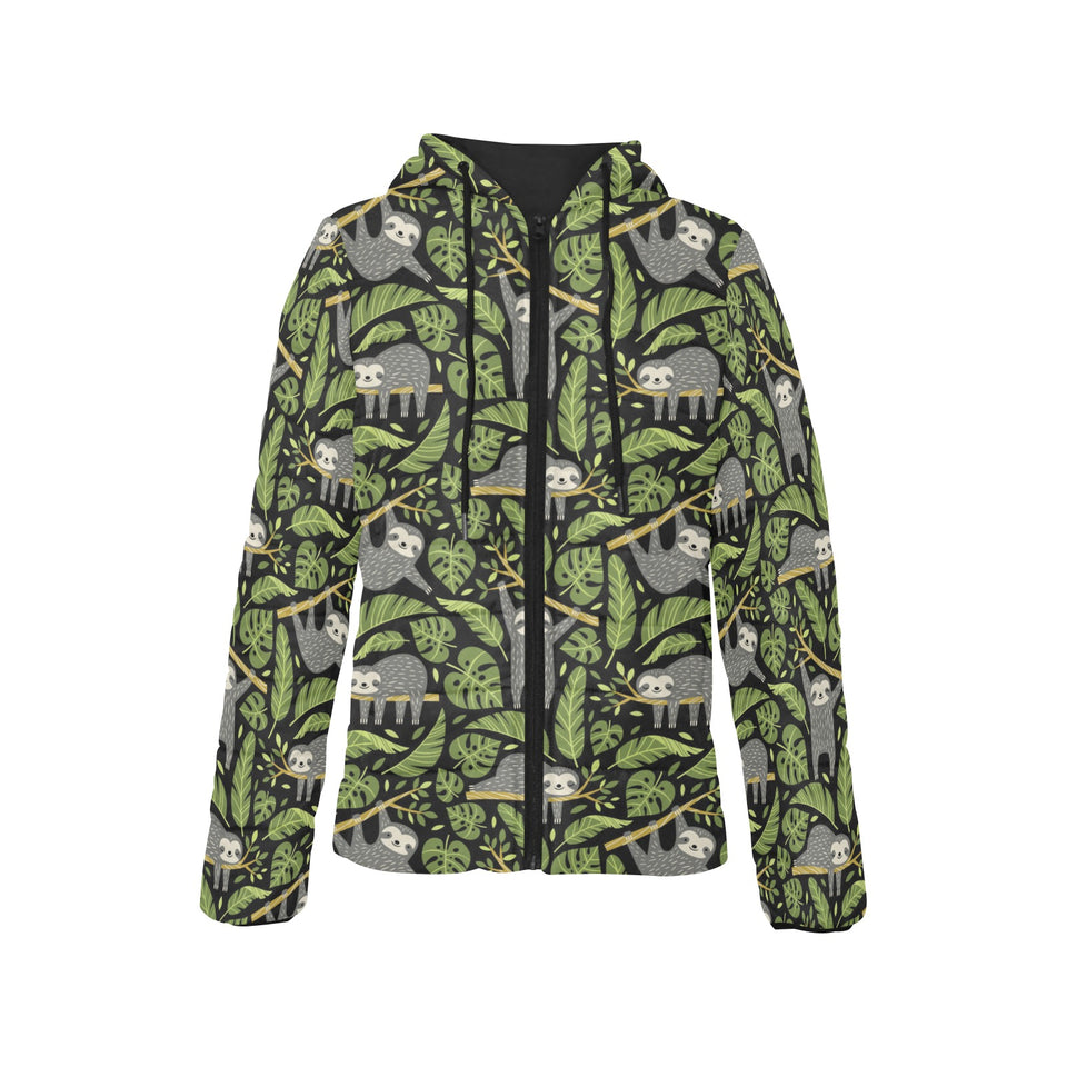 Cute sloths tropical palm leaves black background Women's Padded Hooded Jacket