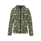 Cute sloths tropical palm leaves black background Women's Padded Hooded Jacket