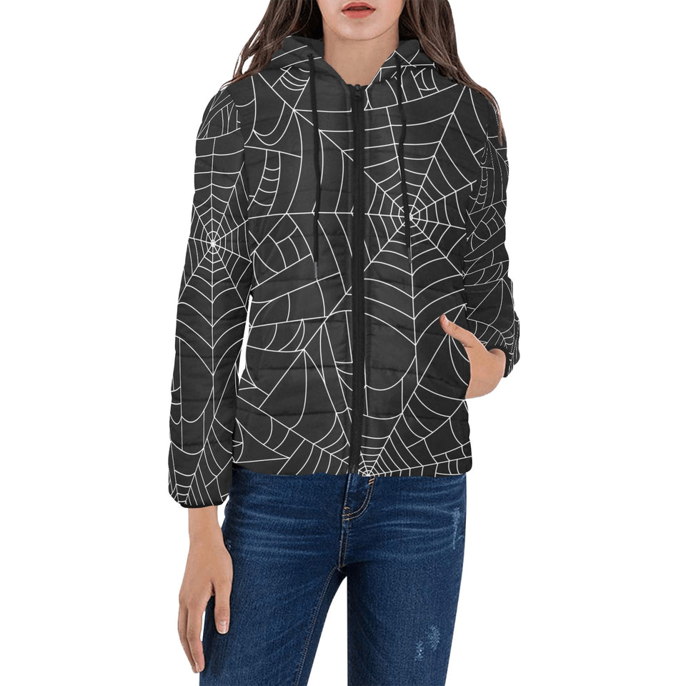 Spider web pattern Black background white cobweb Women's Padded Hooded Jacket