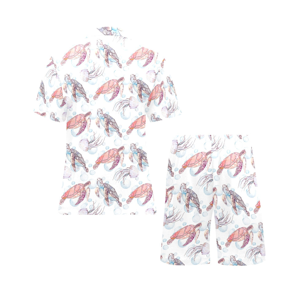 Watercolor sea turtle jellyfish pattern Men's V-Neck Short Pajama Set