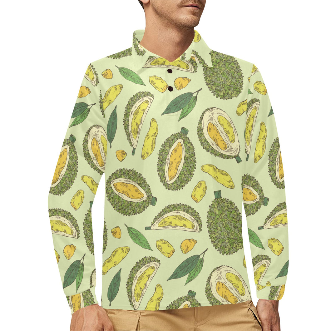 Durian leaves pattern background Men's Long Sleeve Polo Shirt