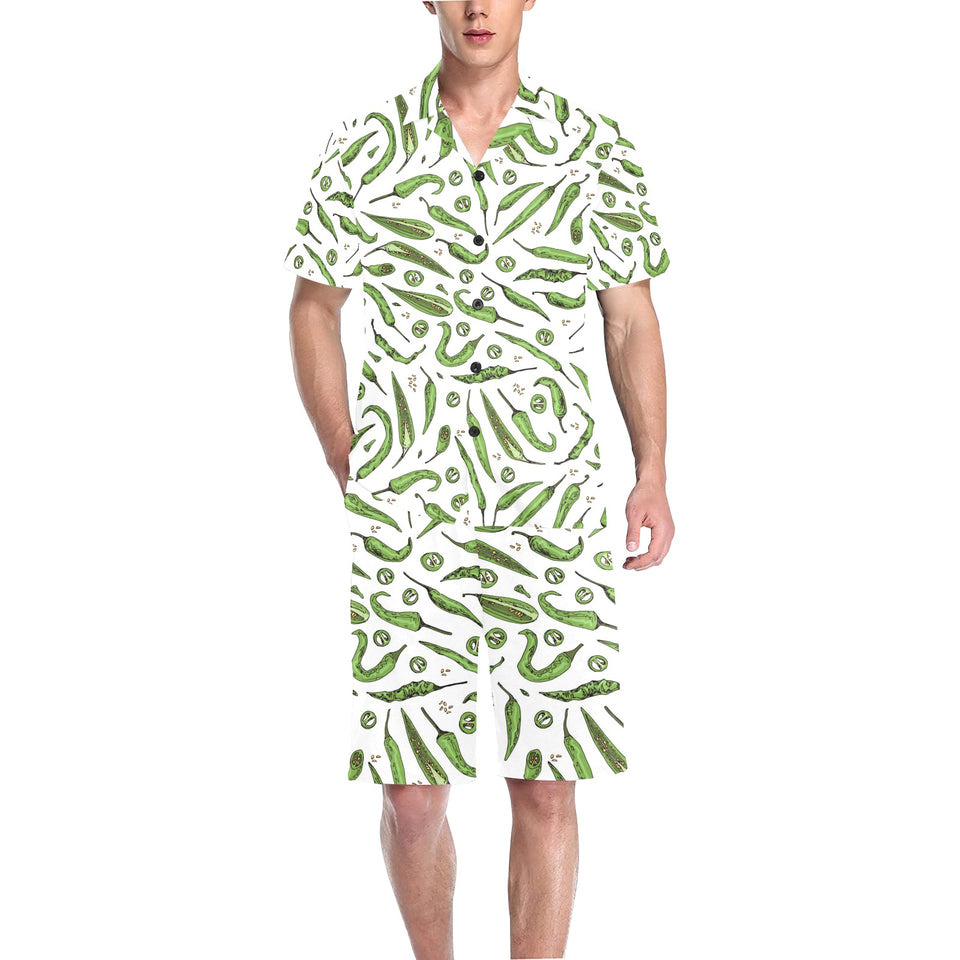 Hand drawn sketch style green Chili peppers patter Men's V-Neck Short Pajama Set