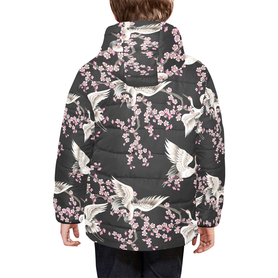 Japanese crane pink sakura pattern Kids' Boys' Girls' Padded Hooded Jacket