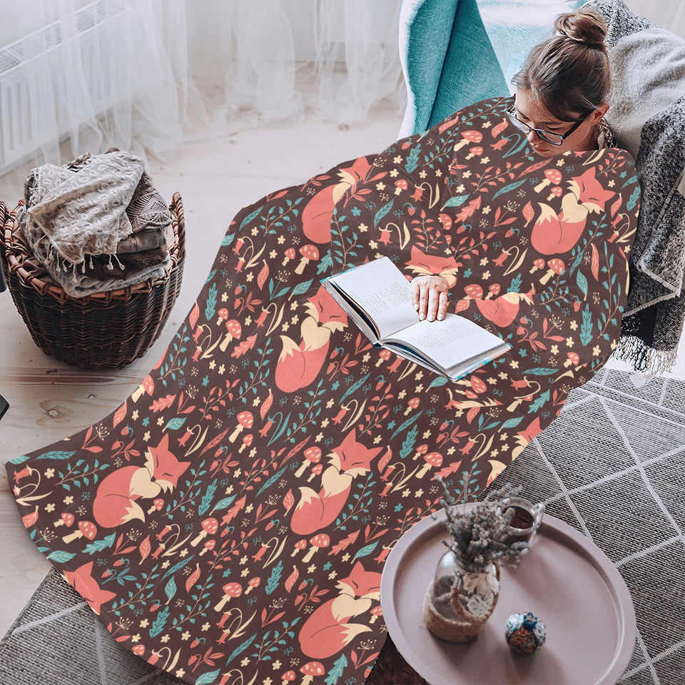 fox leaves mushroom pattern Blanket Robe with Sleeves
