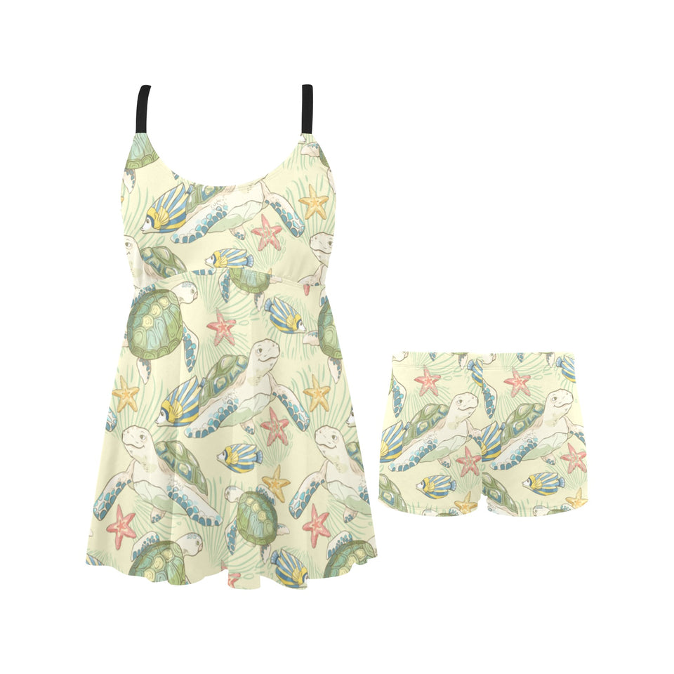 Hand drawn sea turtle fish pattern Chest Sexy Pleated Two Piece Swim Dress