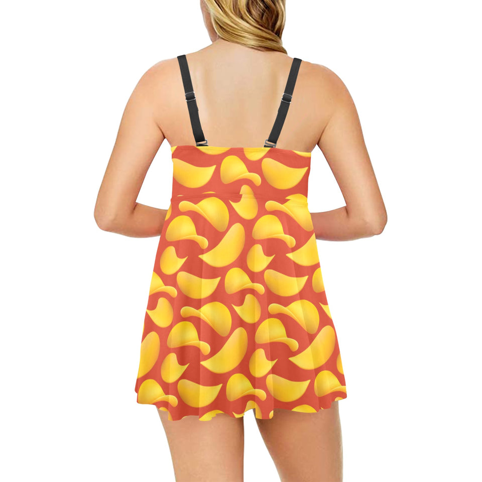 Potato Chips Pattern Print Design 05 Chest Sexy Pleated Two Piece Swim Dress