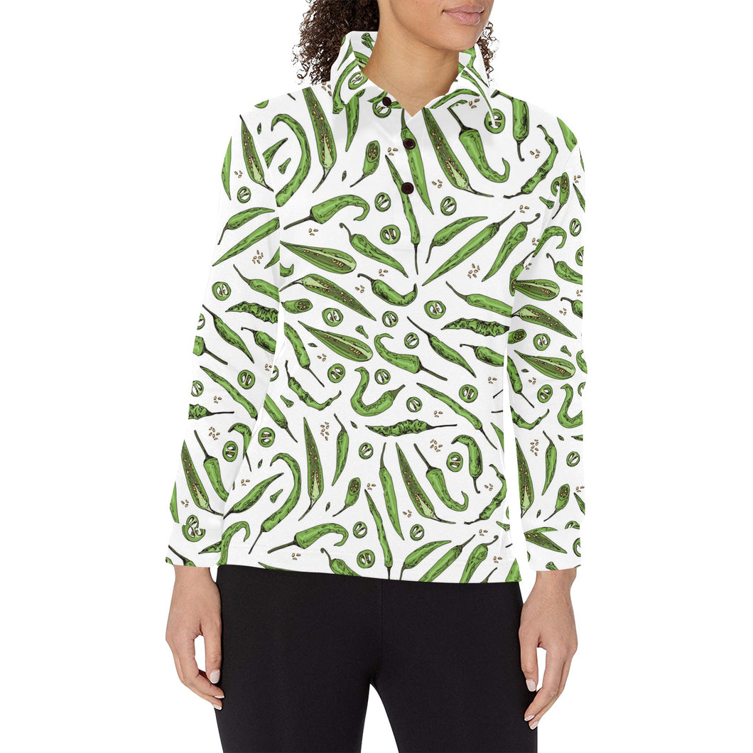 Hand drawn sketch style green Chili peppers patter Women's Long Sleeve Polo Shirt