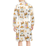 Cute dog corgi striped background pattern Men's Long Sleeve Belted Night Robe