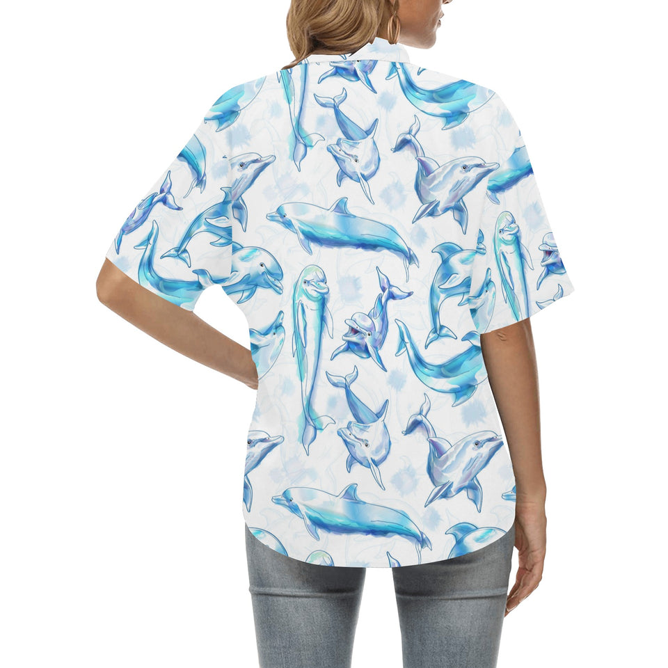 Watercolor dolphin pattern Women's All Over Print Hawaiian Shirt