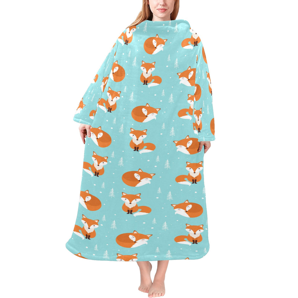 Fox pattern blue b ackground Blanket Robe with Sleeves