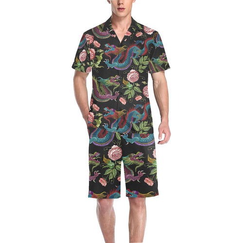 Dragons flower pattern Men's V-Neck Short Pajama Set