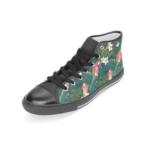 Parrot Palm tree leaves flower hibiscus pattern Women's High Top Canvas Shoes Black