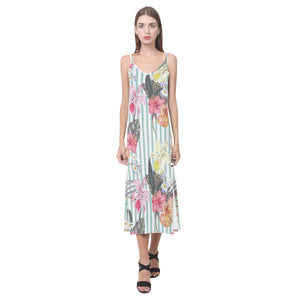 Colorful orchid flower pattern V-Neck Open Fork Long Dress