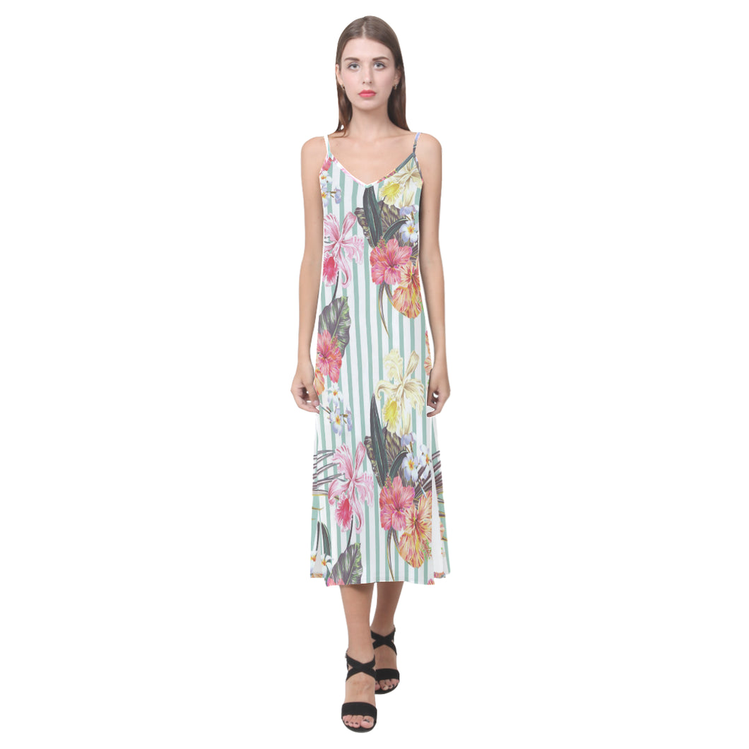 Colorful orchid flower pattern V-Neck Open Fork Long Dress