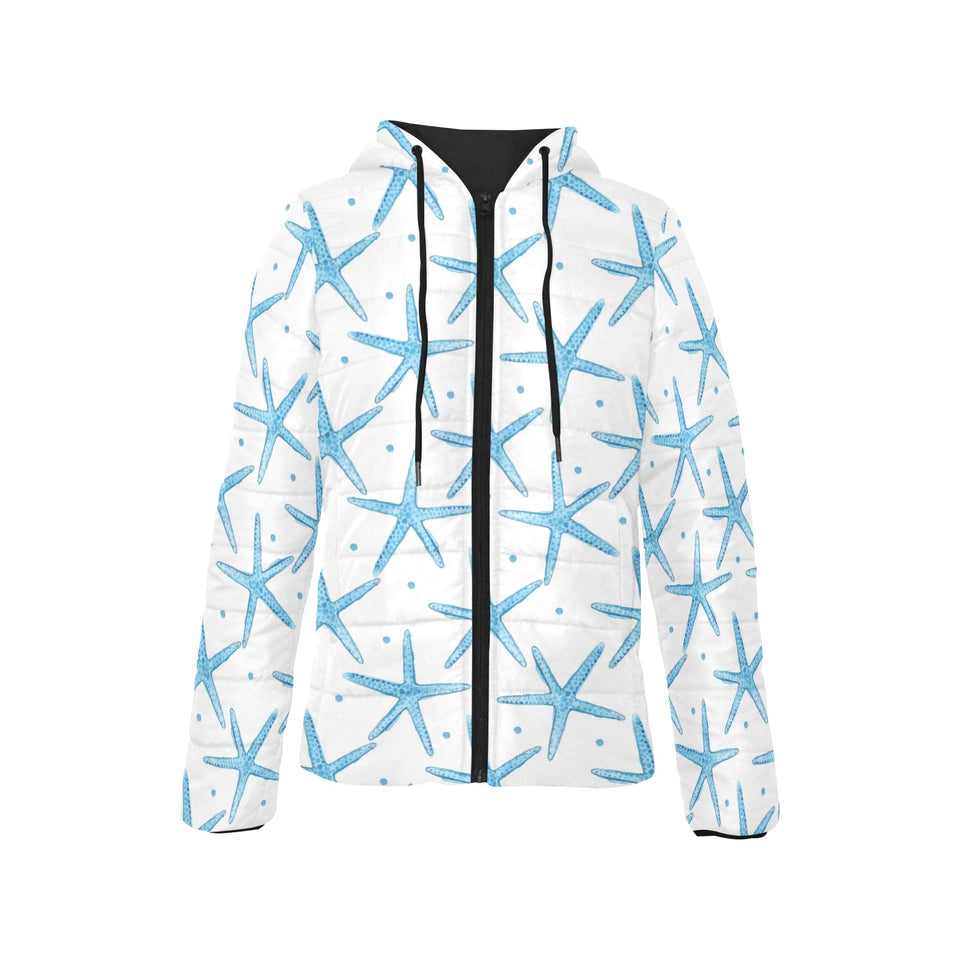 Watercolor starfish pattern Women's Padded Hooded Jacket