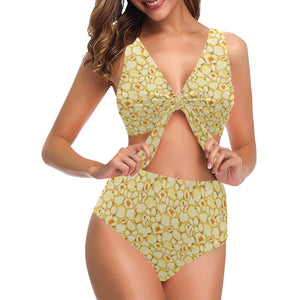 Popcorn Pattern Print Design 04 Chest Bowknot High Waisted Bikini Swimsuit