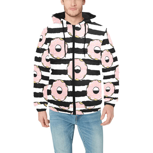 Donuts pink icing striped pattern Men's Padded Hooded Jacket