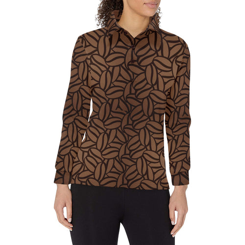 coffee bean pattern Women's Long Sleeve Polo Shirt