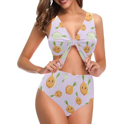 cute onions smiling faces purple background Chest Bowknot High Waisted Bikini Swimsuit