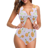 cute onions smiling faces purple background Chest Bowknot High Waisted Bikini Swimsuit