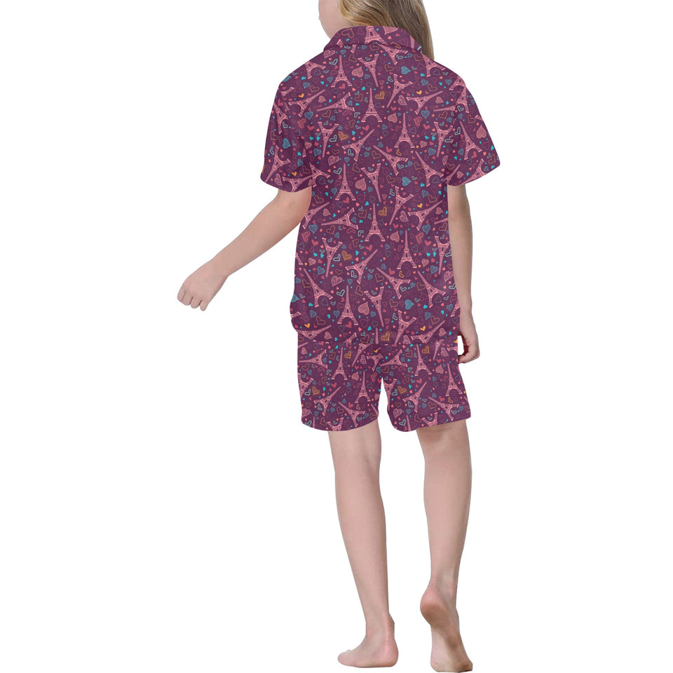 Eiffel Tower Heart Pattern Print Design 04 Kids' Boys' Girls' V-Neck Short Pajama Set