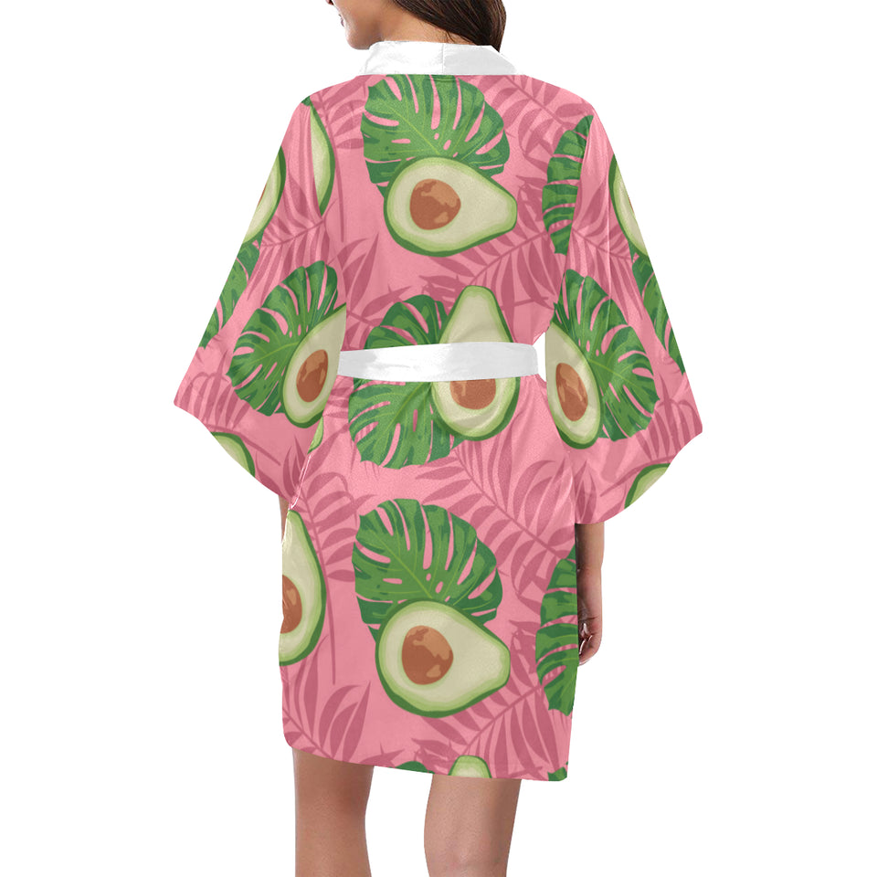 Avocado slices leaves pink back ground Women's Short Kimono Robe