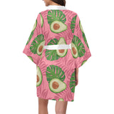 Avocado slices leaves pink back ground Women's Short Kimono Robe
