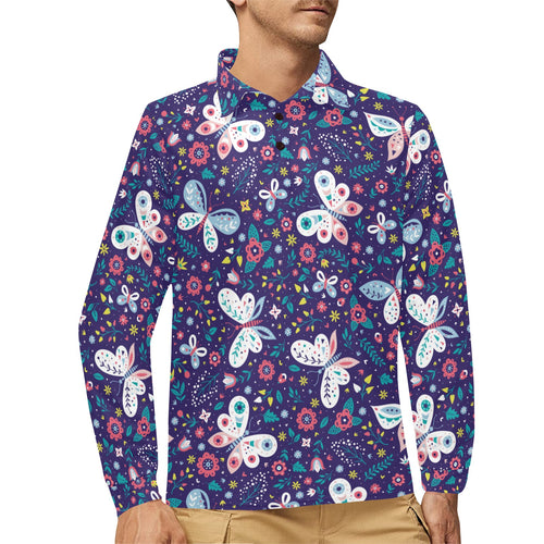 Colorful butterfly flower pattern.eps Men's Long Sleeve Polo Shirt