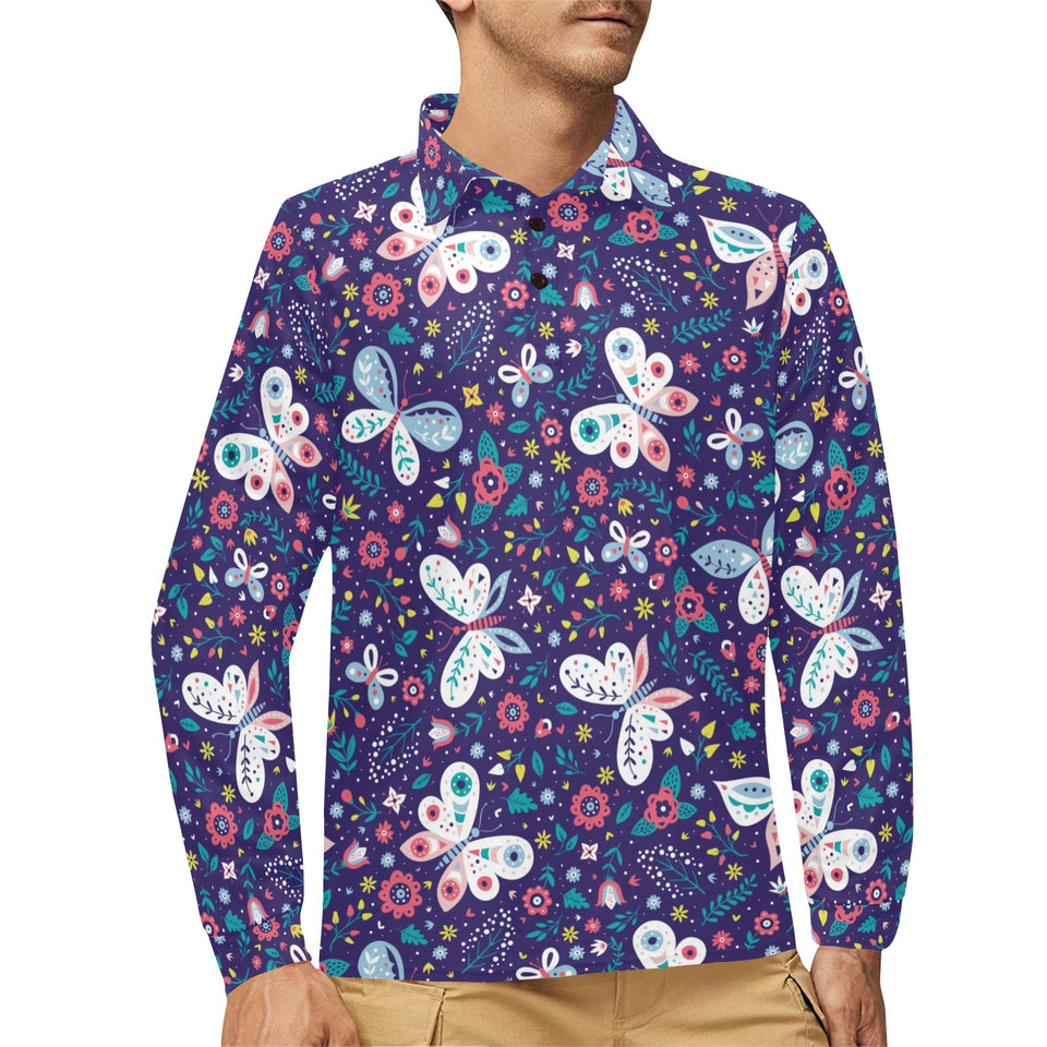 Colorful butterfly flower pattern.eps Men's Long Sleeve Polo Shirt