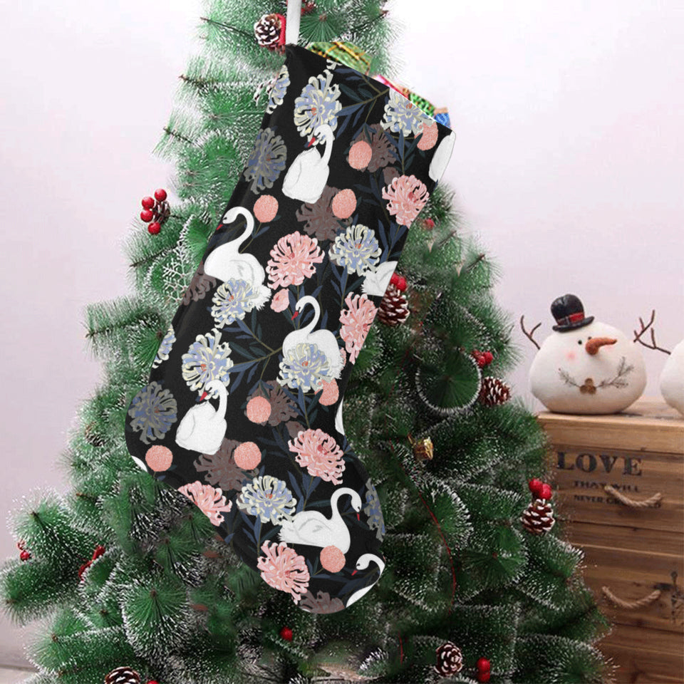 white swan blooming flower pattern Christmas Stocking