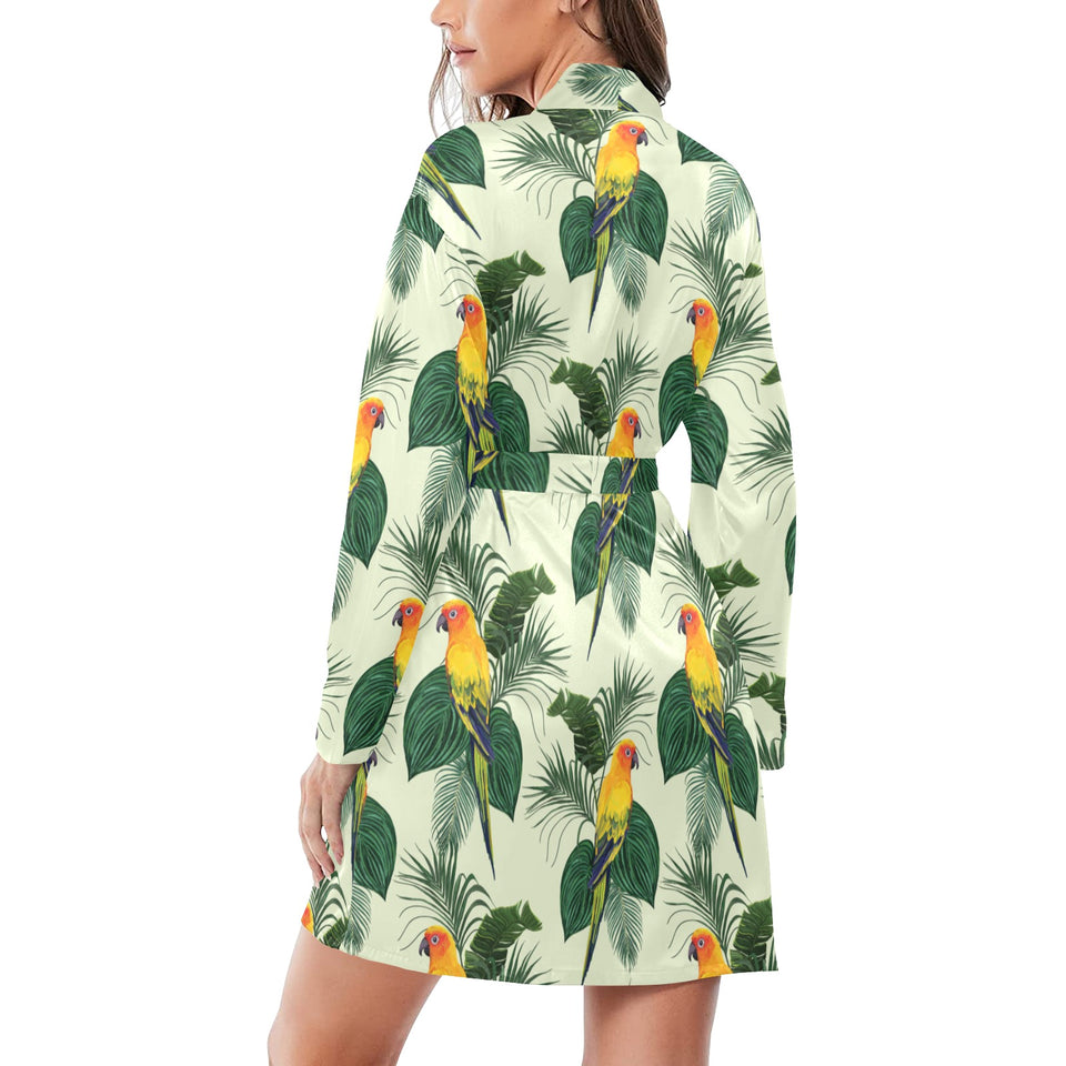 Beautiful parrot palm leaves pattern Women's Long Sleeve Belted Night Robe