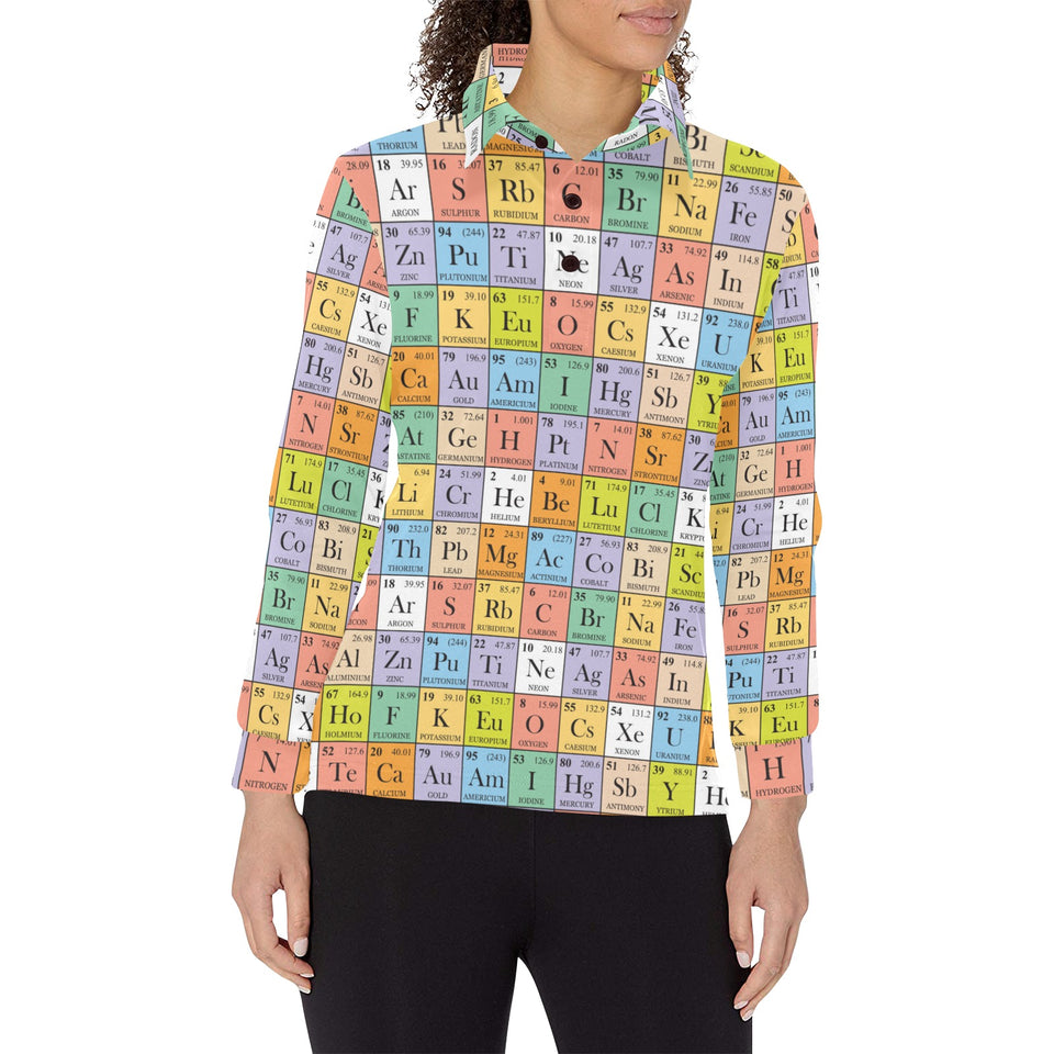 Chemistry Periodic Table Pattern Print Design 01 Women's Long Sleeve Polo Shirt
