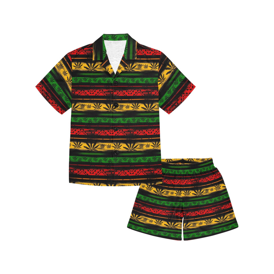 Canabis Marijuana Weed Pattern Print Design 04 Kids' Boys' Girls' V-Neck Short Pajama Set