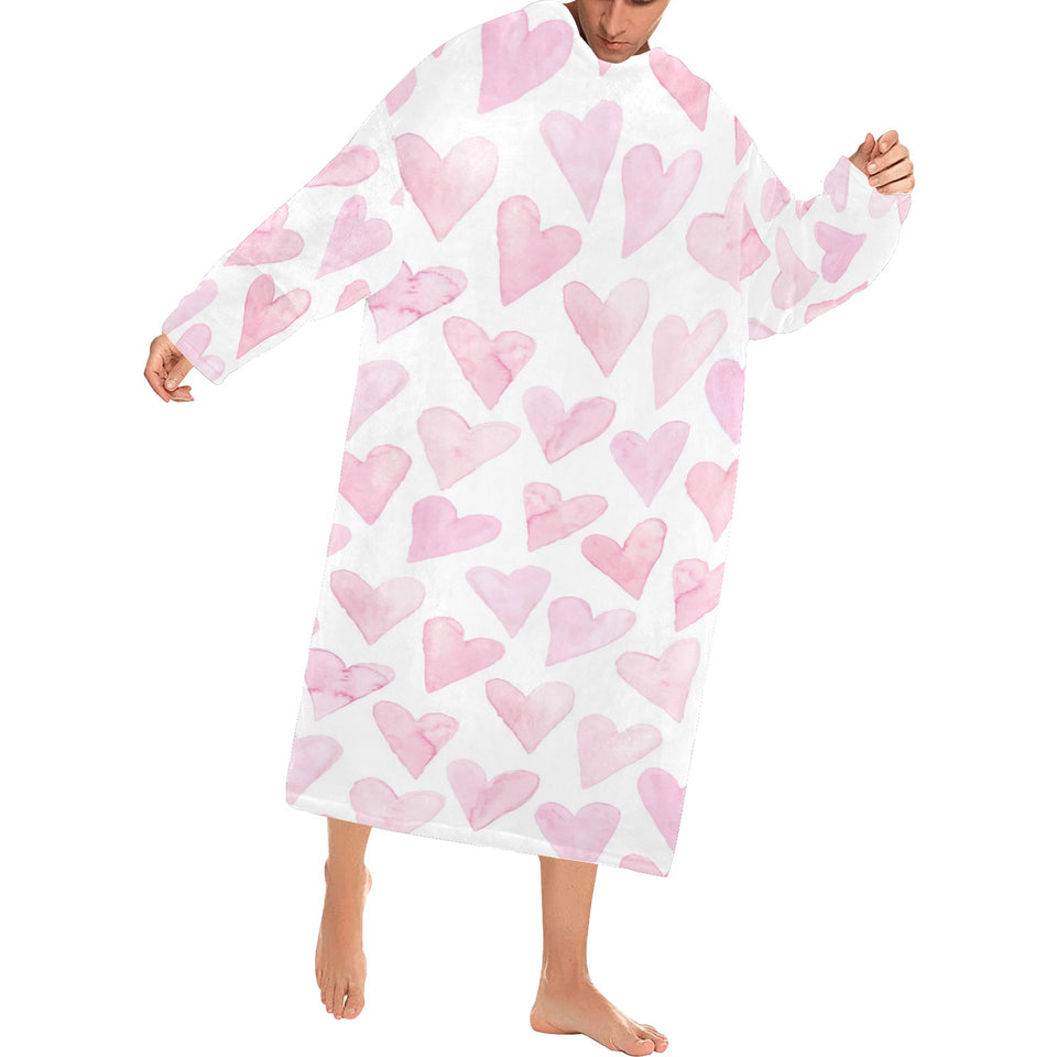 Watercolor pink heart pattern Blanket Robe with Sleeves
