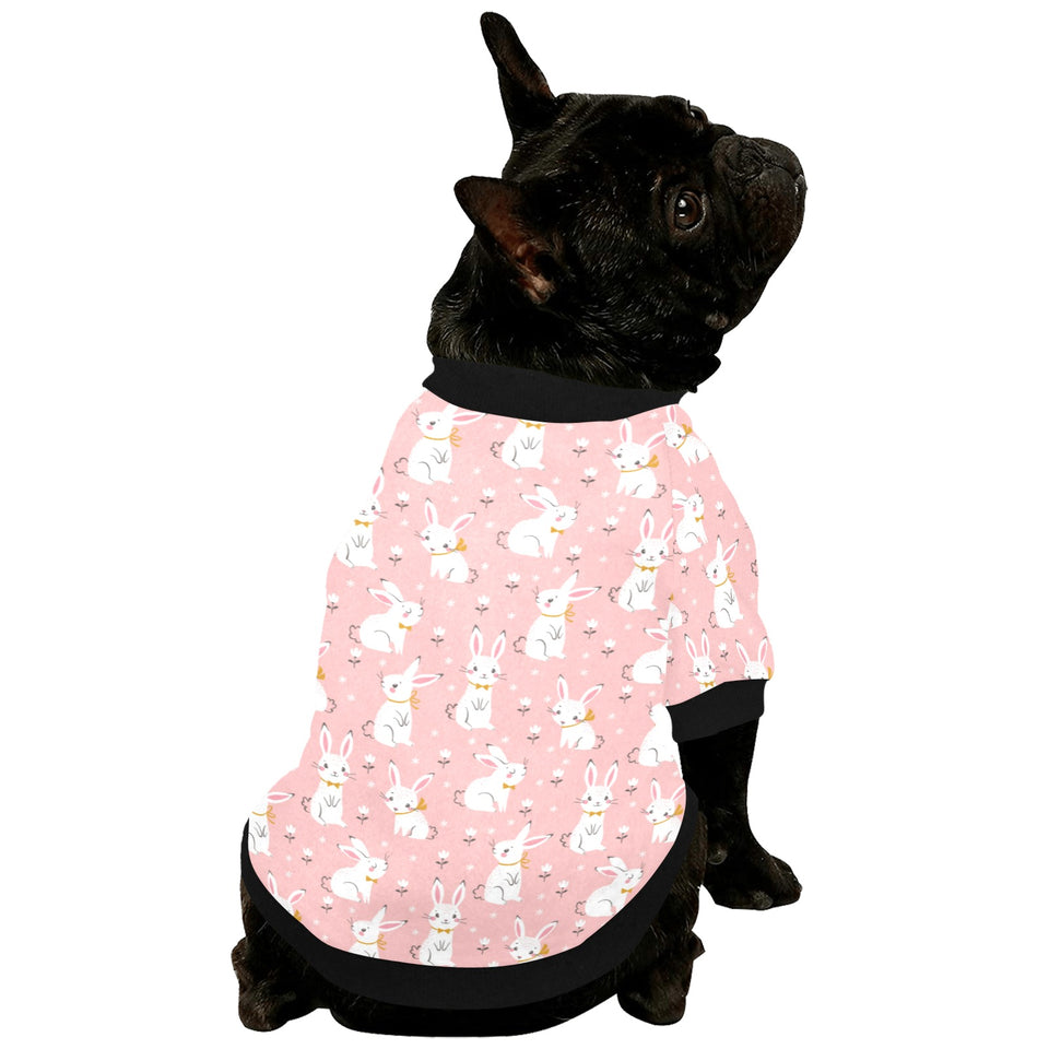 Cute white rabbit flower pink background All Over Print Pet Dog Round Neck Fuzzy Shirt