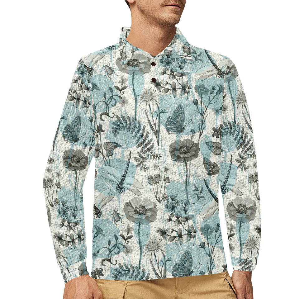 Dragonfly Butterfly Plants insect flower vintage s Men's Long Sleeve Polo Shirt