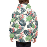 heliconia flowers, palm and monstera leaves Kids' Boys' Girls' Padded Hooded Jacket