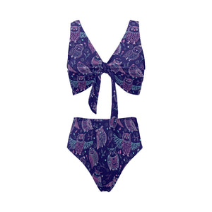 Cute owls pattern boho style ornament Chest Bowknot High Waisted Bikini Swimsuit