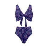 Cute owls pattern boho style ornament Chest Bowknot High Waisted Bikini Swimsuit