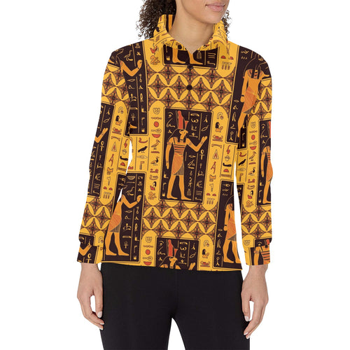 Egypt Hieroglyphics Pattern Print Design 05 Women's Long Sleeve Polo Shirt
