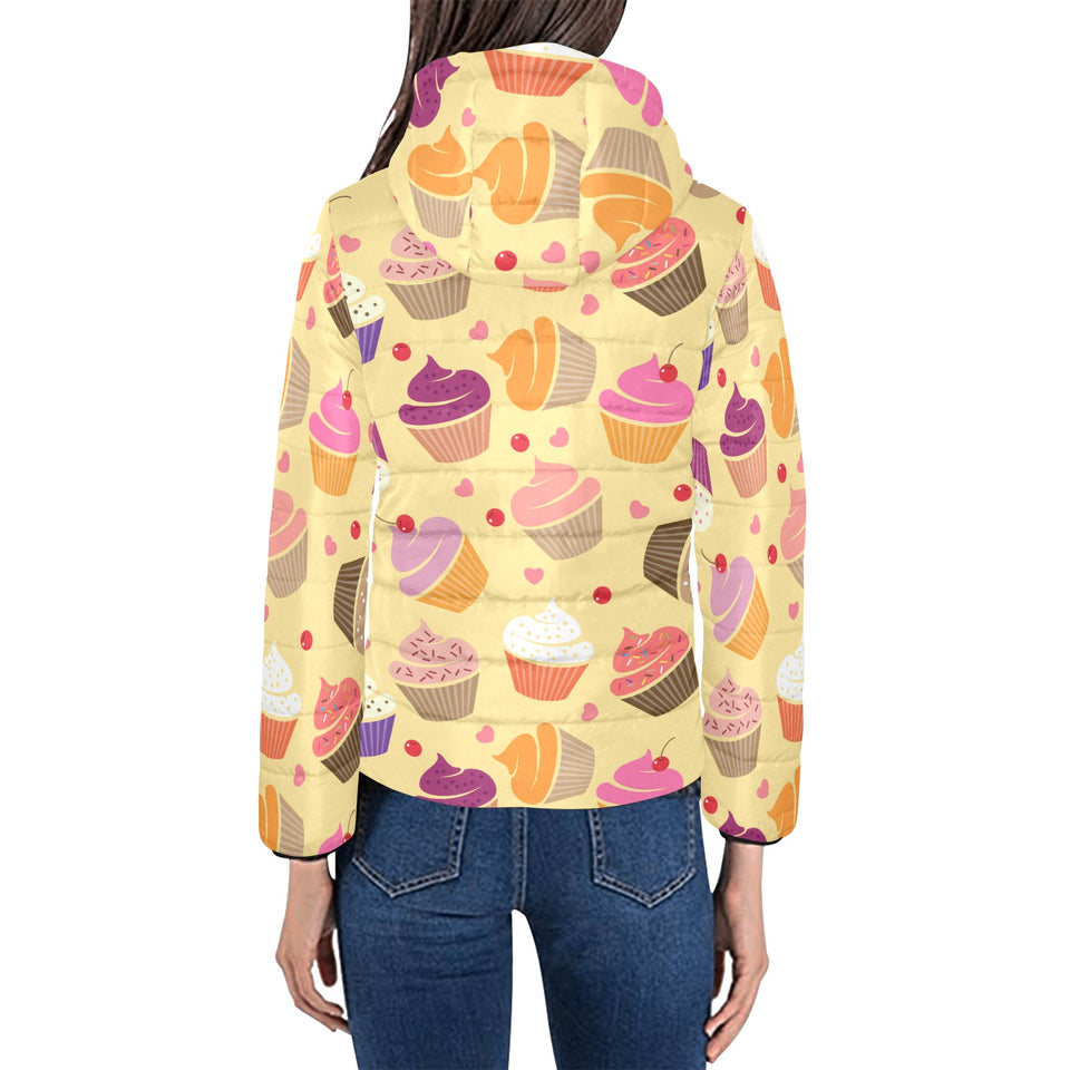 cake cupcake heart cherry pattern Women's Padded Hooded Jacket